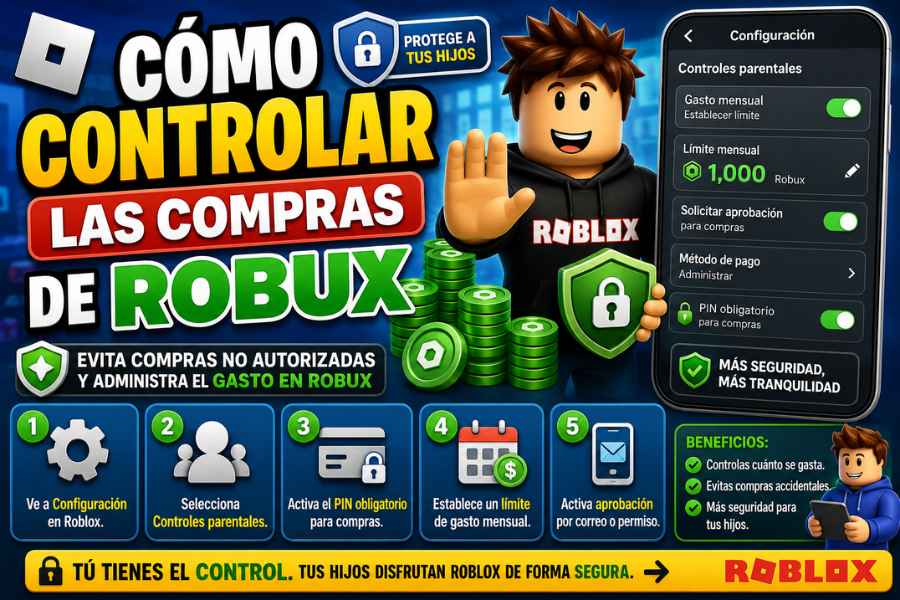 Los Robux son la moneda virtual de Roblox y permiten comprar accesorios, ropa, pases de juego y otros artículos dentro de la plataforma. Sin embargo, cuando no existen límites de gasto, es posible realizar compras impulsivas o acumular cargos inesperados. Por esa razón, Roblox ofrece herramientas para controlar las compras de Robux, especialmente en las cuentas de menores de edad. Los padres pueden establecer límites de gasto, recibir notificaciones sobre compras y administrar estos permisos mediante los controles parentales. En esta guía aprenderás cómo controlar las compras de Robux, configurar límites de gasto y evitar compras no autorizadas. ¿Por qué es importante controlar las compras de Robux? Los Robux se compran con dinero real, por lo que cada adquisición representa un gasto económico. Controlar estas compras ayuda a: Evitar gastos inesperados. Proteger las tarjetas bancarias vinculadas. Enseñar a los niños a administrar su dinero. Impedir compras accidentales. Mantener un presupuesto mensual para juegos. Si varios niños utilizan el mismo dispositivo, activar estas medidas resulta aún más recomendable. Cómo funcionan los controles parentales de Roblox Roblox cuenta con un sistema de Controles Parentales (Parental Controls) que permite a los padres administrar diferentes aspectos de la cuenta de sus hijos. Entre las opciones disponibles se encuentran: Establecer límites de gasto mensuales. Recibir notificaciones cuando se realizan compras. Administrar el contenido permitido. Controlar el tiempo de juego. Gestionar el chat y las conexiones con otros jugadores. Para utilizar estas funciones, el padre o tutor debe vincular su propia cuenta de Roblox con la cuenta del menor y verificar su identidad. Cómo configurar un límite de gasto para Robux Una de las herramientas más útiles es el límite mensual de compras. Para configurarlo: Inicia sesión en la cuenta del padre. Accede a Configuración. Entra en Controles Parentales. Selecciona la cuenta del menor. Busca la sección Gastos (Spending). Establece el límite mensual deseado. Guarda los cambios. Una vez alcanzado ese límite, no podrán realizarse nuevas compras hasta que se reinicie el período correspondiente o el adulto modifique la configuración. Cómo recibir notificaciones de compras Roblox también permite que los padres reciban avisos cuando se realizan compras desde la cuenta del menor. Estas notificaciones ayudan a: Detectar compras inesperadas. Supervisar el uso de Robux. Controlar cuánto dinero se ha gastado durante el mes. Es recomendable mantener activadas estas alertas para revisar cualquier movimiento de la cuenta. Cómo evitar compras accidentales de Robux Además de establecer límites, existen otras medidas para reducir el riesgo de compras no deseadas. Algunas recomendaciones son: No guardar la tarjeta bancaria en dispositivos compartidos. Activar la autenticación en dos pasos. Utilizar una cuenta parental vinculada. Supervisar regularmente el historial de compras. Enseñar a los niños que los Robux tienen un valor económico real. Estas acciones reducen considerablemente la posibilidad de compras accidentales. Cómo vincular una cuenta de padre o tutor Para administrar las compras de un menor es necesario vincular ambas cuentas. El proceso consiste en: Abrir la configuración de la cuenta del menor. Entrar en Controles Parentales. Seleccionar Agregar padre. Introducir el correo electrónico del adulto. Completar la verificación de identidad. Confirmar la vinculación de ambas cuentas. Después de este proceso, el adulto podrá administrar las opciones disponibles desde su propio dispositivo. Qué hacer si un niño realizó una compra sin permiso Si se realizó una compra que no estaba autorizada: Revisa el historial de compras. Comprueba si la tarjeta continúa vinculada. Cambia la contraseña si sospechas que otra persona accedió a la cuenta. Activa inmediatamente los controles parentales. Contacta con el soporte de Roblox si consideras que hubo un problema con la compra. Actuar rápidamente puede evitar que vuelvan a producirse cargos no deseados. Consejos para administrar los Robux de forma responsable El objetivo no siempre debe ser impedir las compras, sino enseñar a utilizarlas de manera responsable. Algunas buenas prácticas son: Definir un presupuesto mensual. Comprar únicamente cuando sea necesario. Comparar antes de gastar Robux en accesorios o pases. Evitar compras impulsivas. Conversar con los niños sobre el valor del dinero. De esta forma, Roblox también puede convertirse en una oportunidad para desarrollar hábitos financieros saludables.